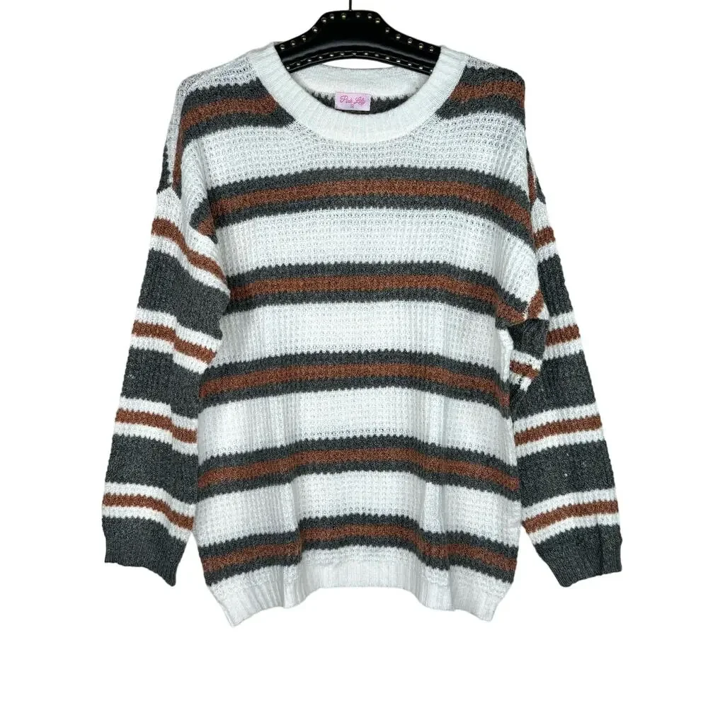 Pink Lily Striped Color Block Pullover Sweater Medium